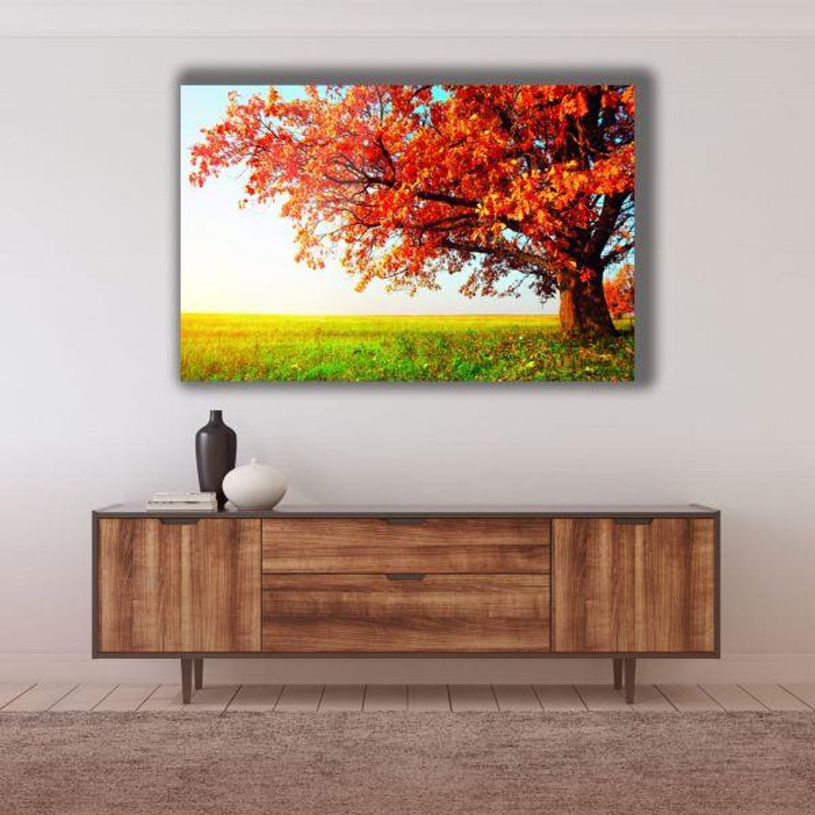 Lone Red Autumn Tree Standing In Green Meadow Fall Landscape Poster