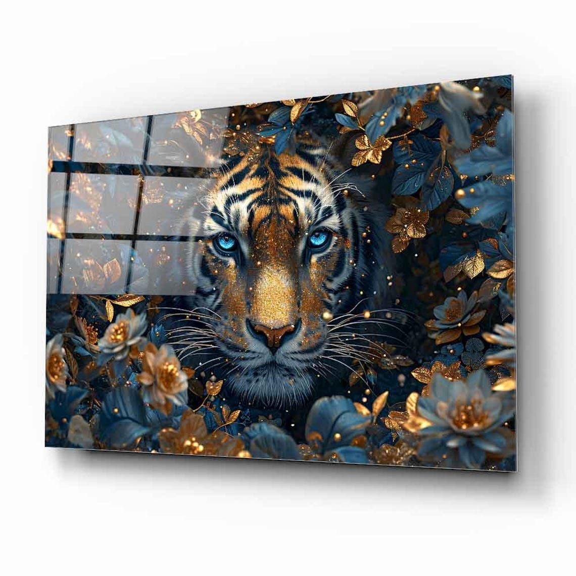 Regal Tiger With Blue Eyes Among Golden Flowers Modern Poster - Image 2
