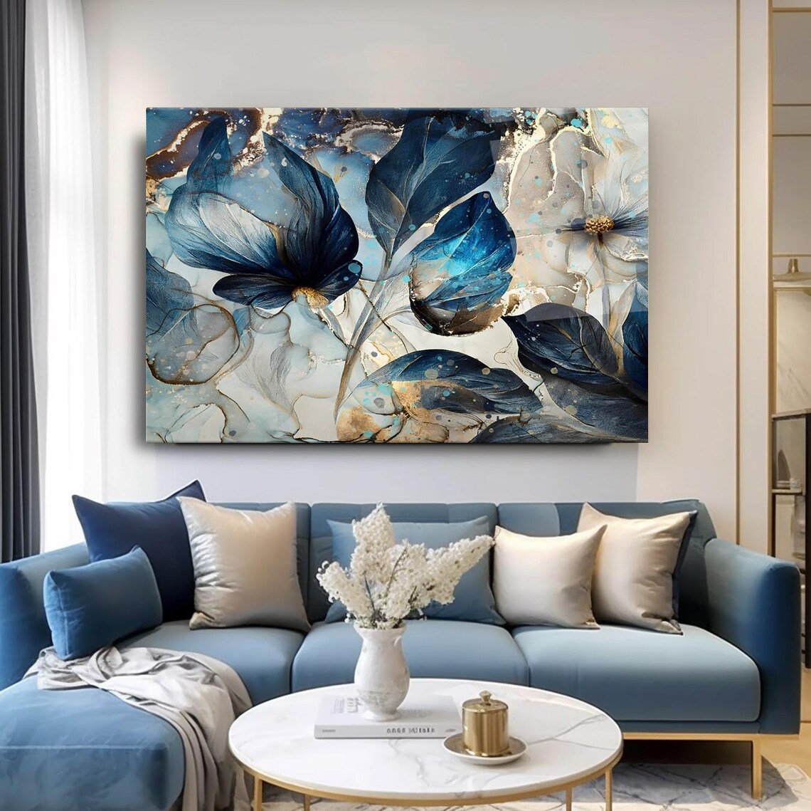 Elegant Blue Floral Wall Art Tempered Glass Print Modern Nature Decor Luxury Glass Wall Art For Home And Office
