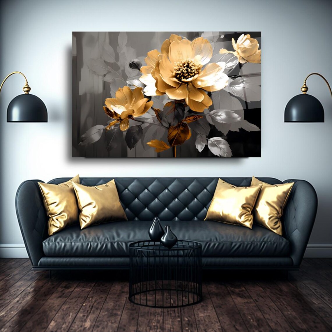 Golden Floral Elegance Wall Art Tempered Glass Print Modern Flower Wall Decor Luxury Glass Wall Art For Home And Office