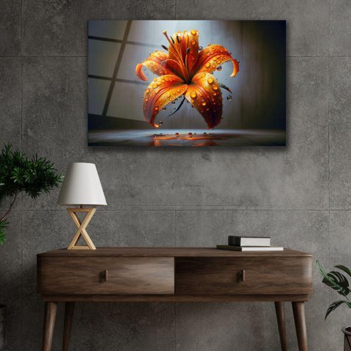 Orange Lily Flower With Morning Dewdrops Floral Tempered Glass Poster