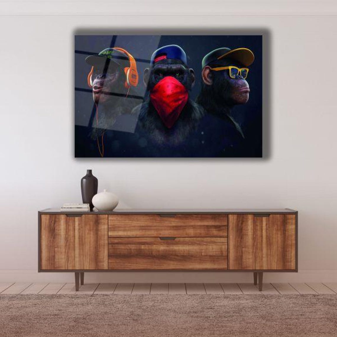 Urban Jungle Trio Tempered Glass Wall Art Contemporary Chimpanzee Decor Street Style Animal Home Accent