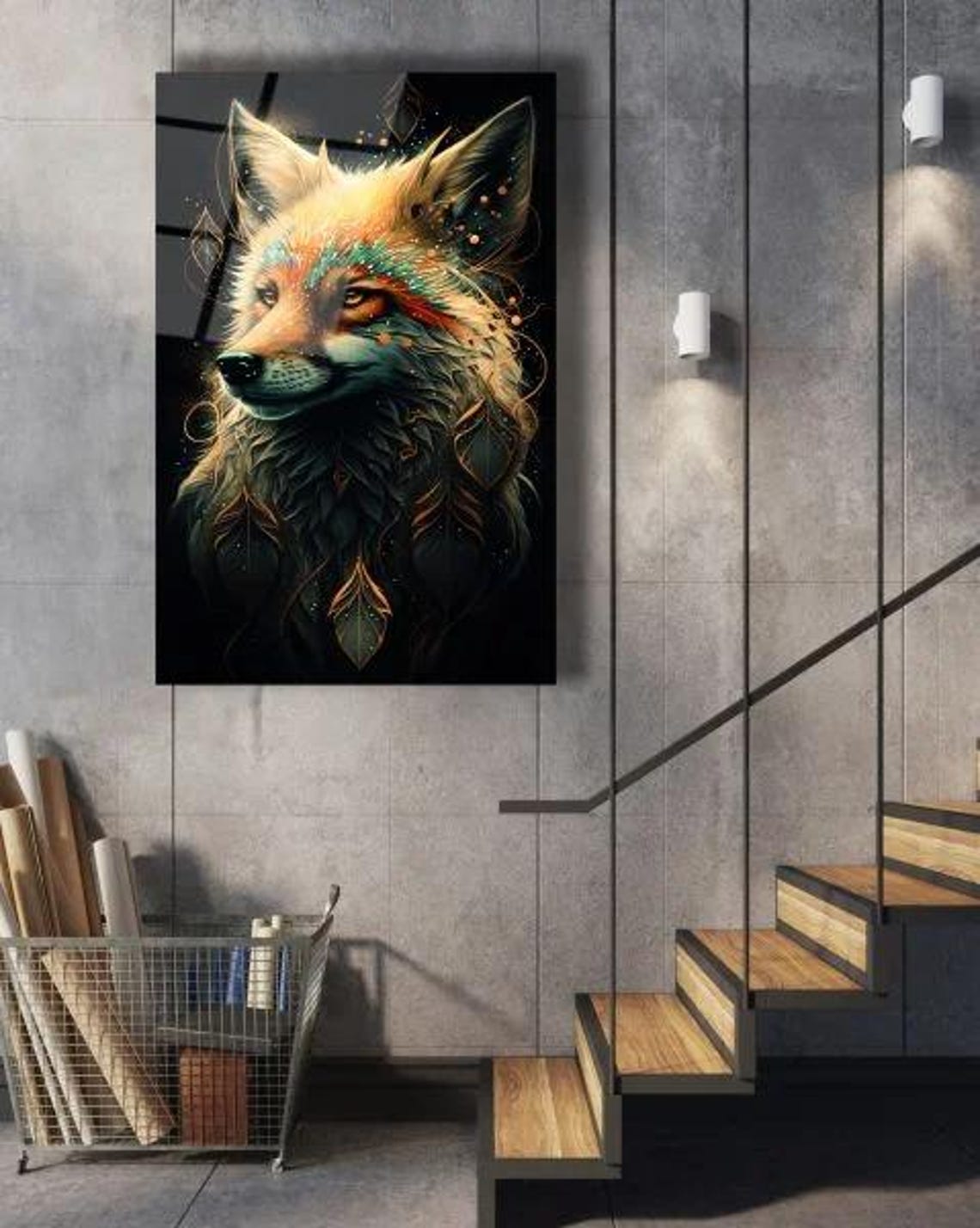 Mystical Fox Portrait Tempered Glass Art on a Dark Background Wall Art - Image 2