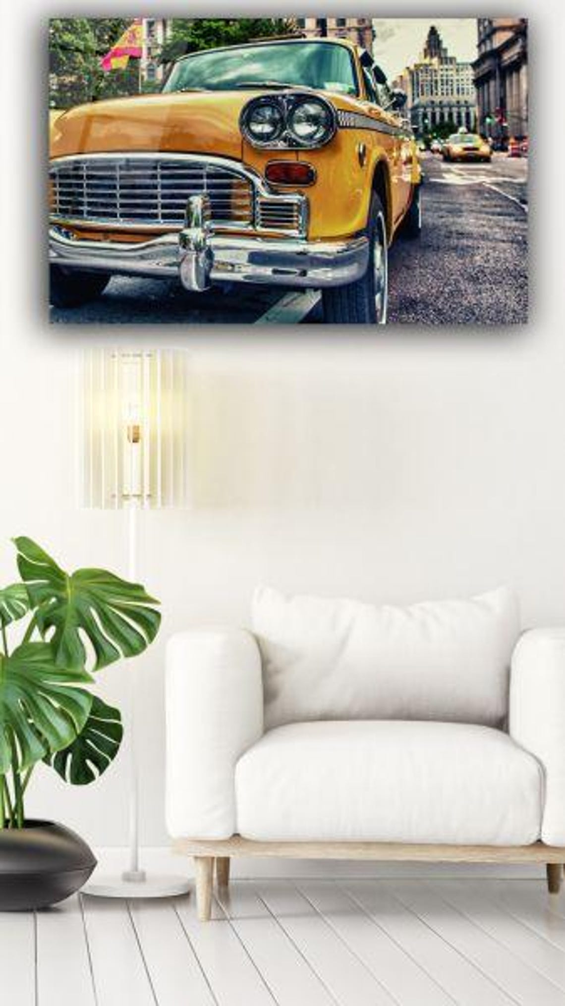 Classic Yellow Checker Taxi Cab Front View On City Street Poster - Image 3