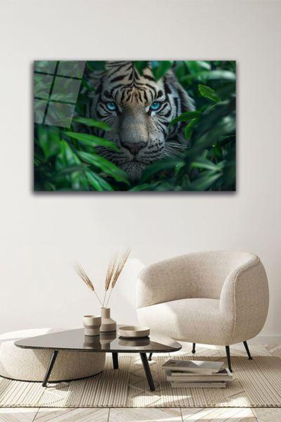 White Tiger With Blue Eyes Peeking Through Jungle Leaves Poster - Image 2