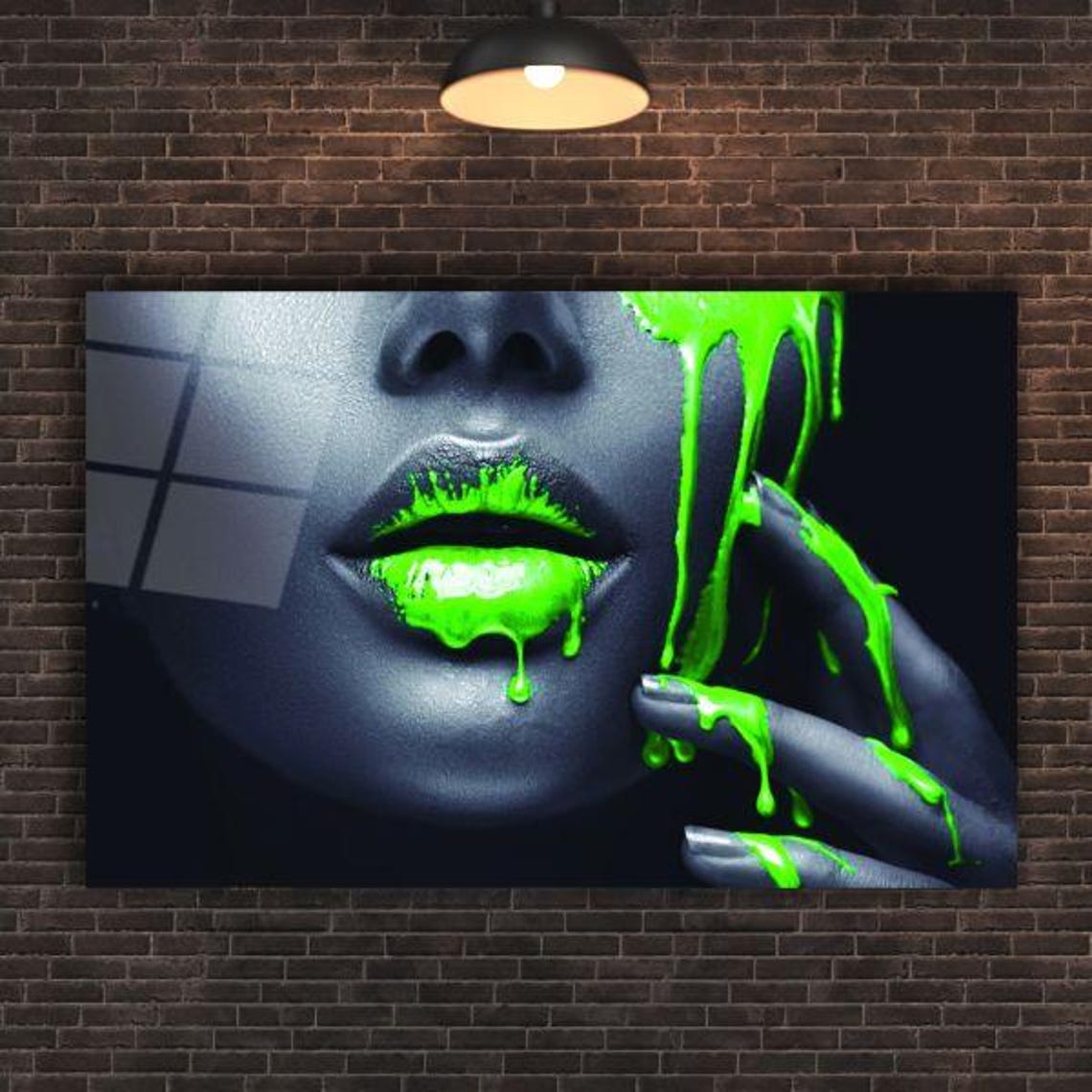 Neon Green Paint Dripping Over Woman's Face Bold Portrait Poster - Image 2