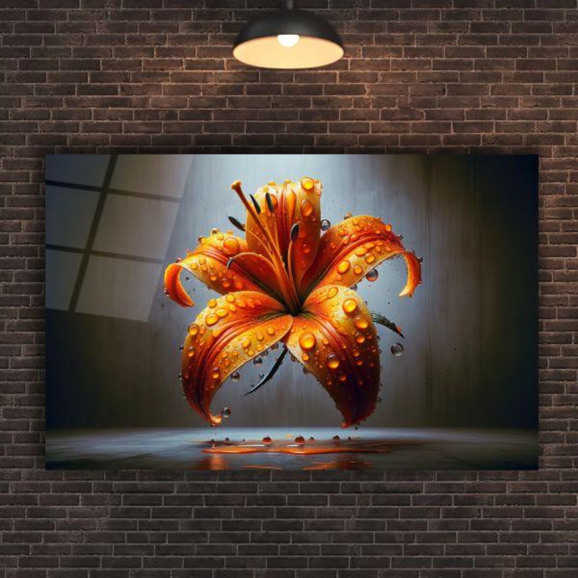 Orange Lily Flower With Morning Dewdrops Floral Tempered Glass Poster - Image 2