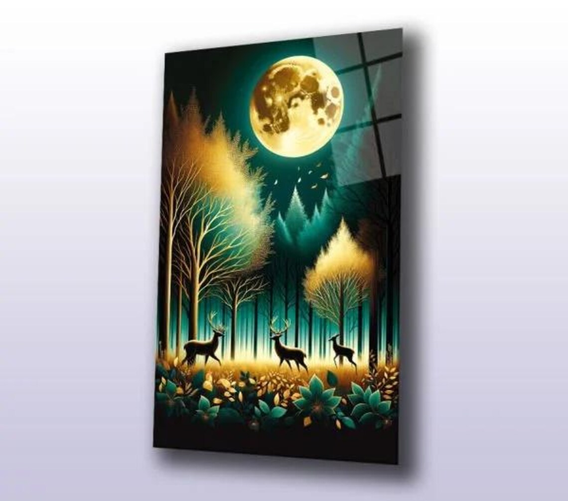 Full Moon Over Deer In Golden Night Forest Tempered Glass Moon Art Poster - Image 2