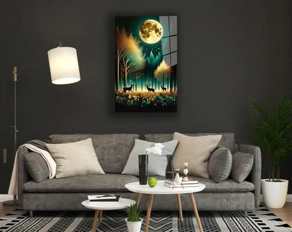 Full Moon Over Deer In Golden Night Forest Tempered Glass Moon Art Poster