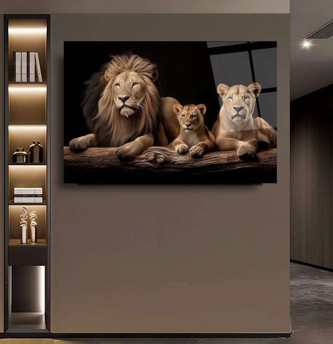 Proud Lion Family Resting On Log Dark Wildlife Portrait Poster - Image 3