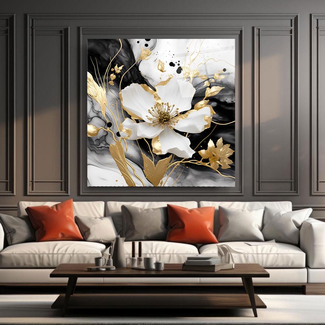 Elegant White Blossom Flower with Gold Leaves Marble Wall Art