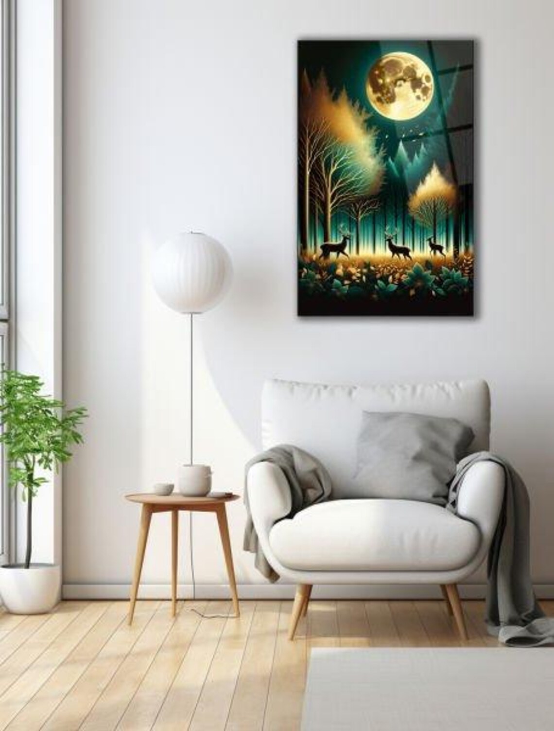Full Moon Over Deer In Golden Night Forest Tempered Glass Moon Art Poster - Image 3