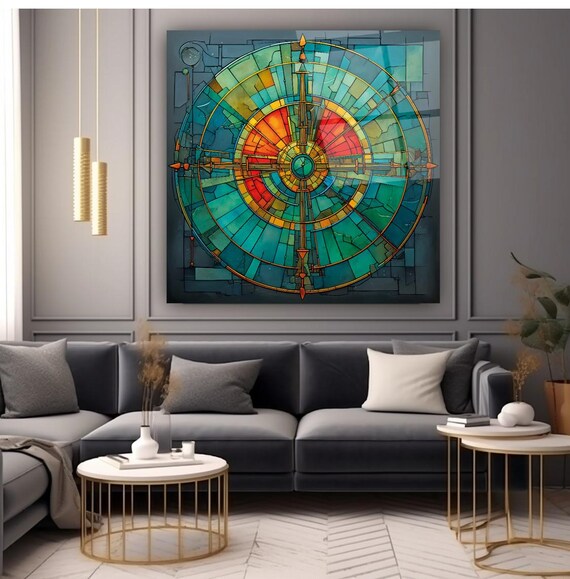 Colorful Compass Rose Wall Art Tempered Glass Print Modern Geometric Wall Decor Luxury Glass Wall Art For Home And Office
