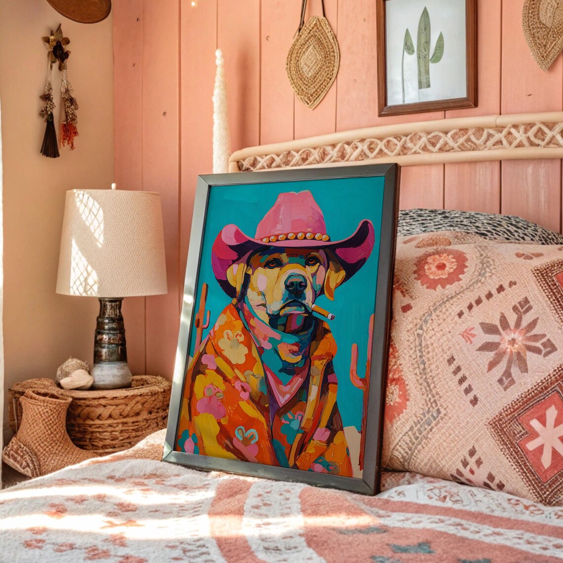 Colorful Cowboy Dog Poster Pink Hat Turquoise Funny Lab Portrait
