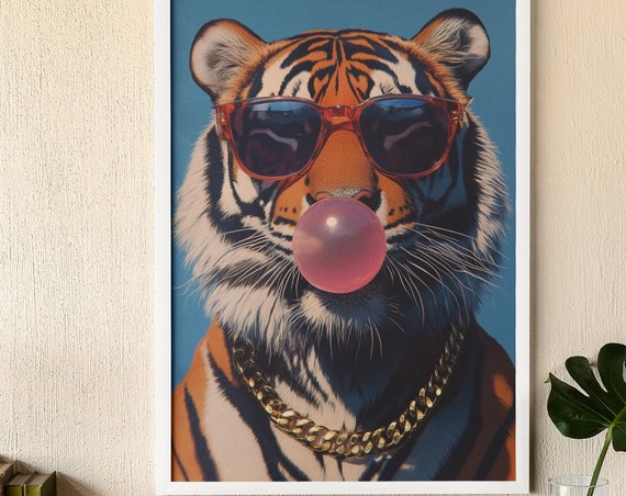 Tiger Bubble Gum Wall Art With Sunglasses And Gold Chain Animal Print For Home Decor