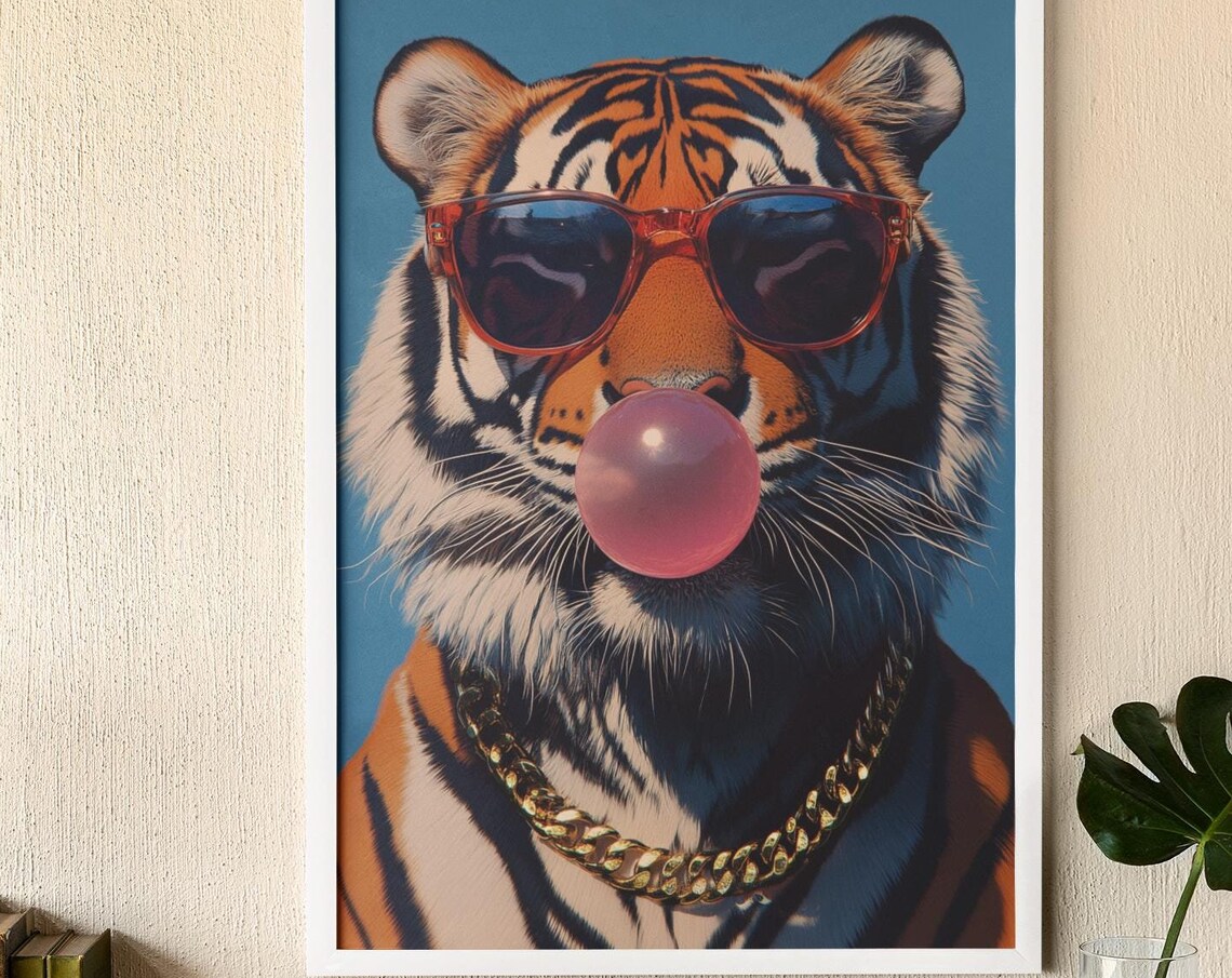 Tiger Bubble Gum Sunglasses Gold Chain Cool Pop Art Animal Poster