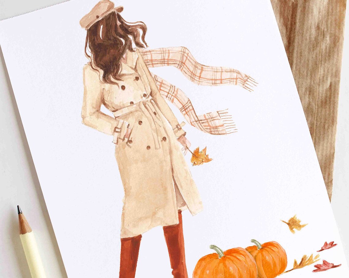Fall Girl in Trench Coat Plaid Scarf Holding Leaf Pumpkins Poster