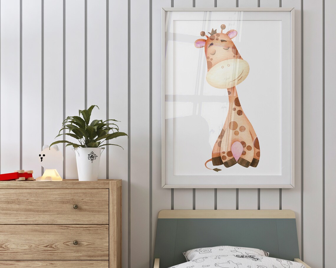 Watercolor Baby Giraffe Sitting Nursery Wall Art Cute Safari Animal Poster