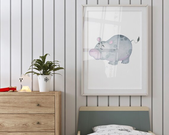 Watercolor Baby Hippo Sleeping Nursery Wall Art Cute Safari Animal Poster