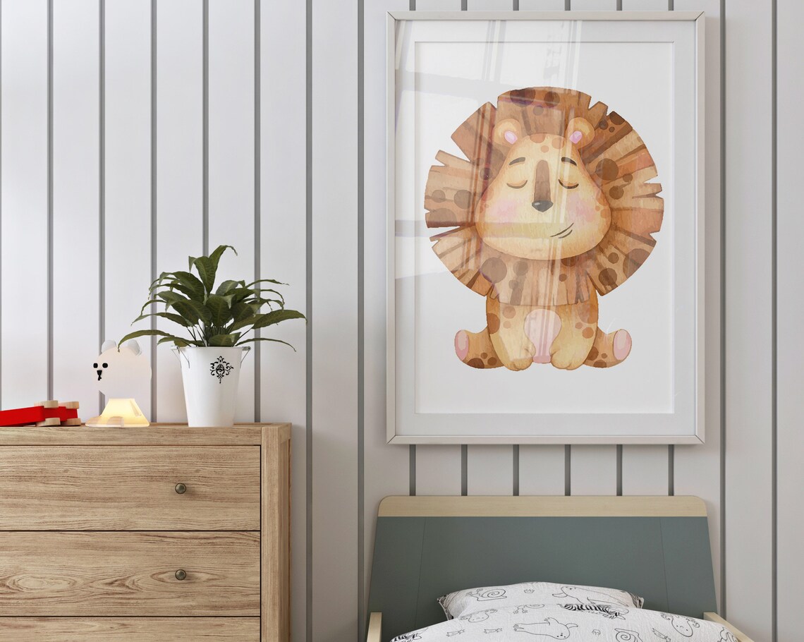Watercolor Baby Lion Sleeping Nursery Wall Art Cute Safari Animal Poster