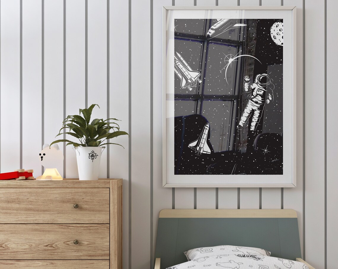 Space Astronaut With Shuttles Black Starry Night Sky Kids Wall Art Poster