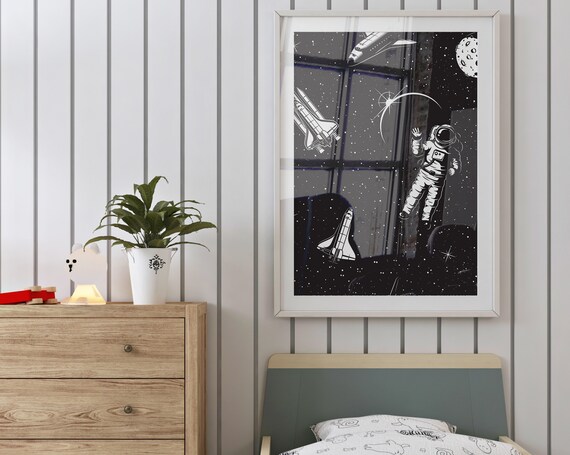 Space Astronaut With Shuttles Black Starry Night Sky Kids Wall Art Poster