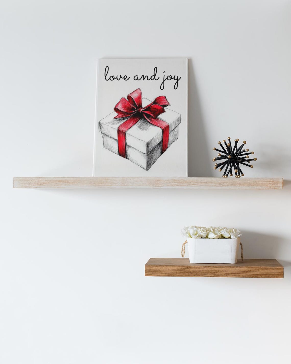 Love And Joy Hand Sketched Gift Box With Red Bow Christmas Poster - Image 2