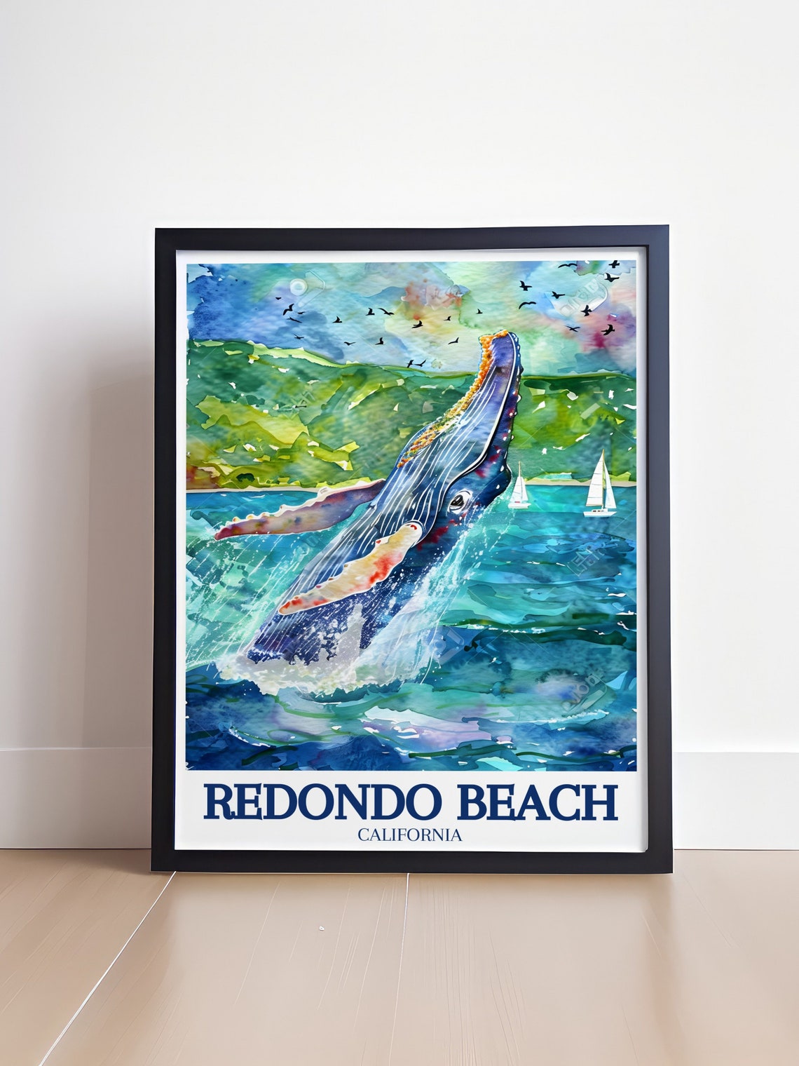 Redondo Beach California Humpback Whale Watercolor Travel Poster - Image 4