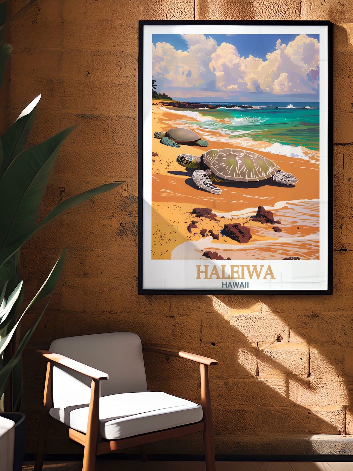 Hawaii Haleiwa Sea Turtles Golden Sand Beach Ocean Travel Poster - Image 2