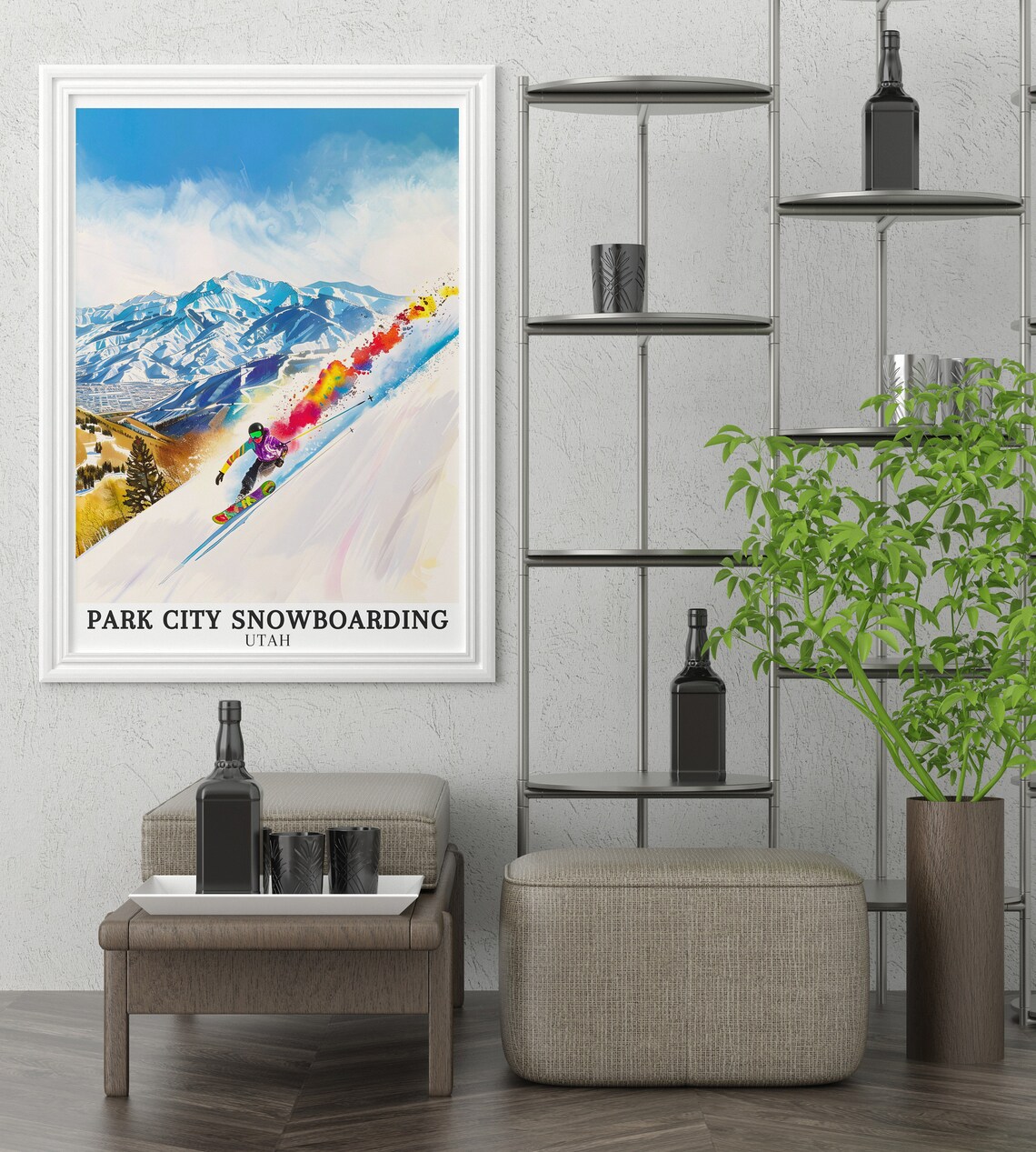 Park City Snowboarding Utah Rainbow Spray Carve Watercolor Poster - Image 2