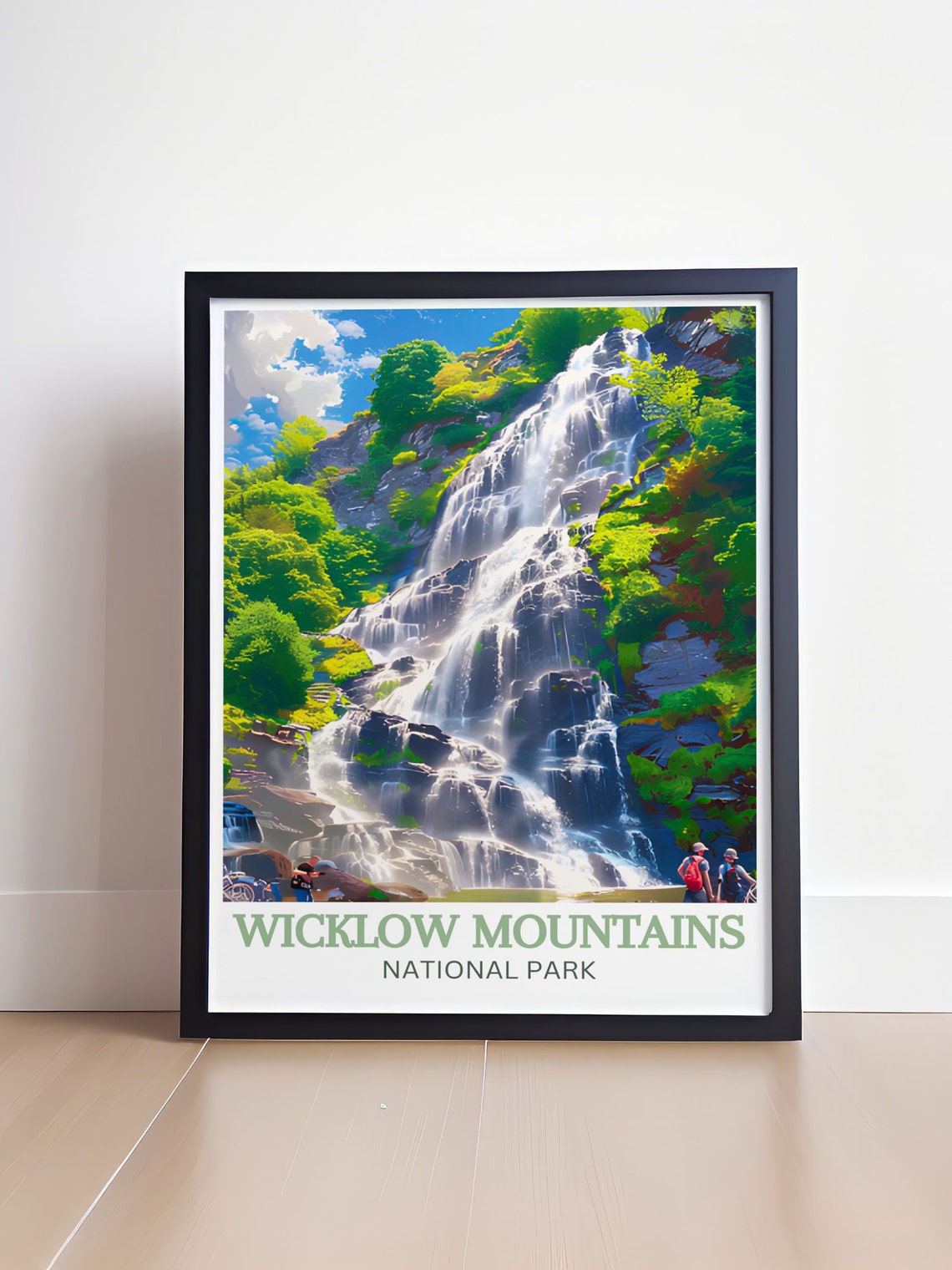 Wicklow Mountains Tall Waterfall Green Forest Hikers Ireland Poster - Image 4