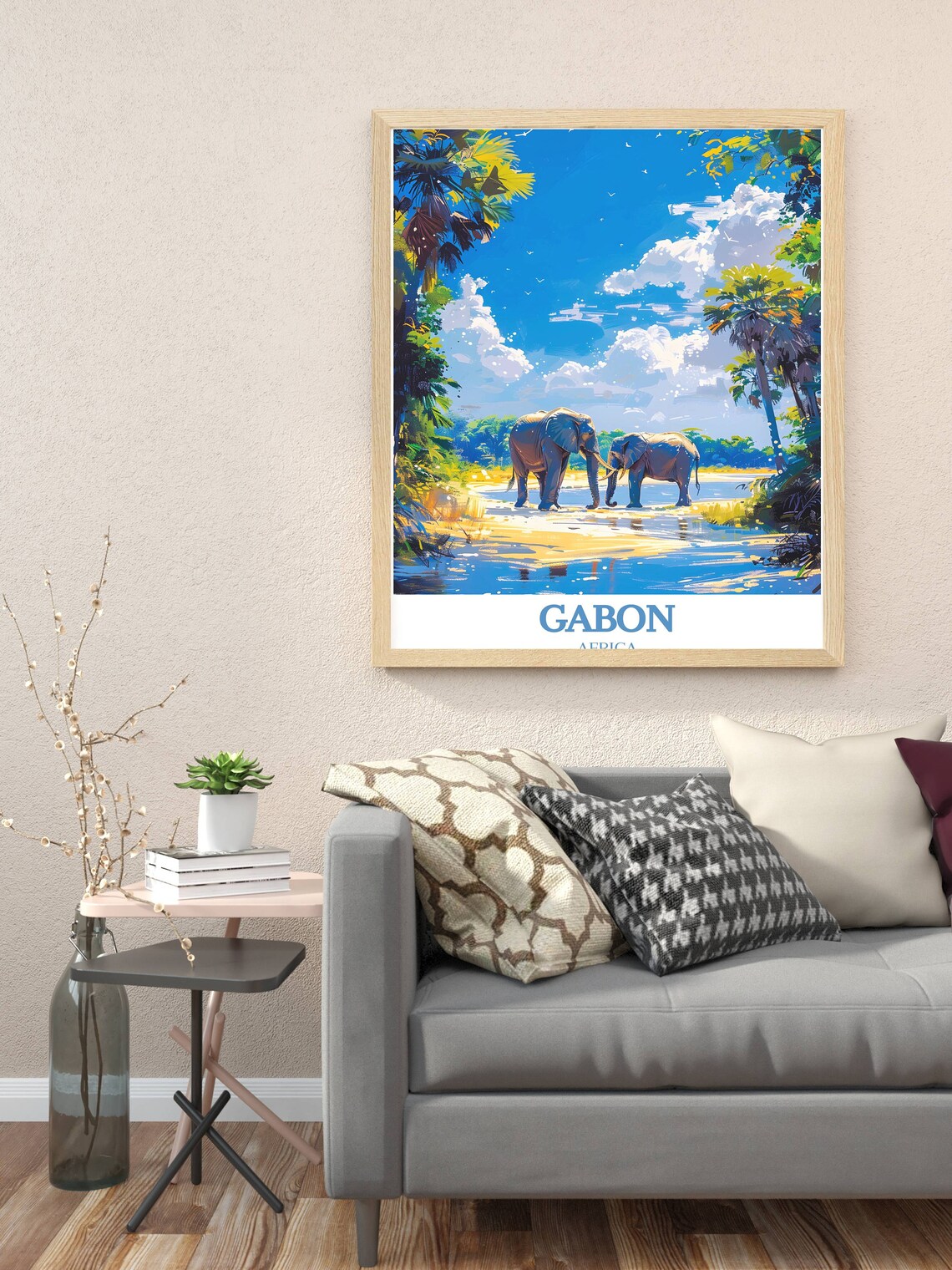 Gabon Africa Elephants by the Water Tropical Jungle Scene Poster - Image 2