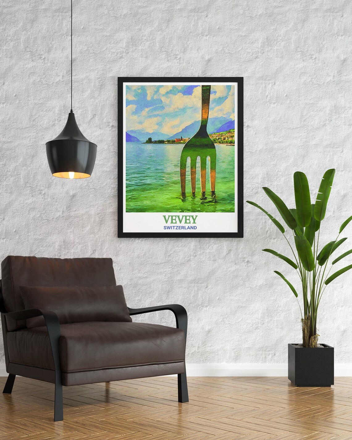 Vevey Giant Fork Sculpture Rising From Lake Geneva Waves Poster - Image 2