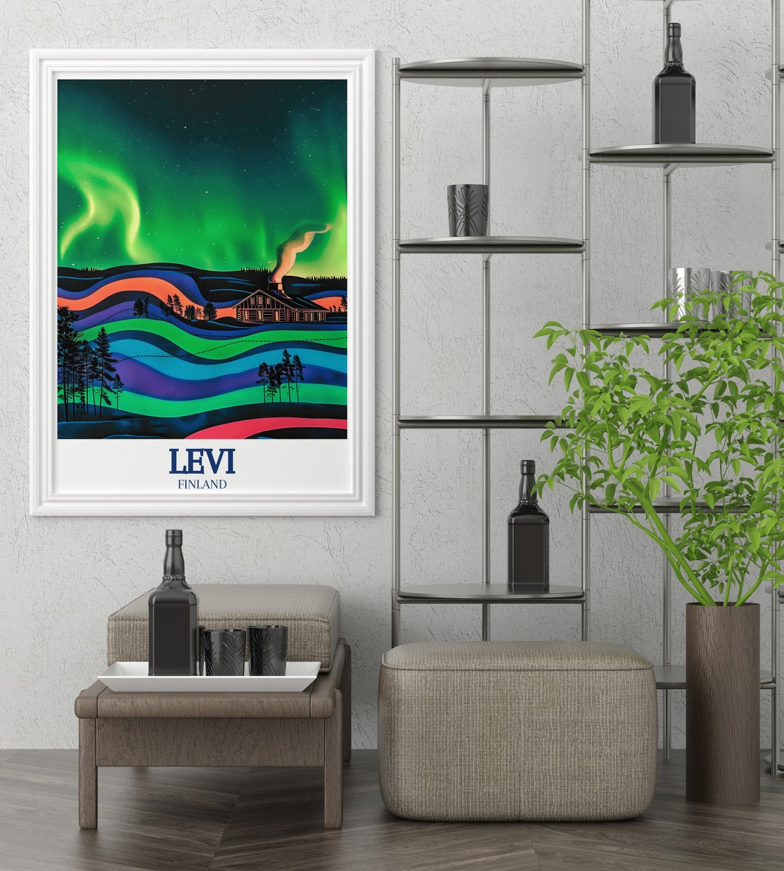Levi Finland Aurora Borealis Poster With Northern Lights Cabin - Image 2