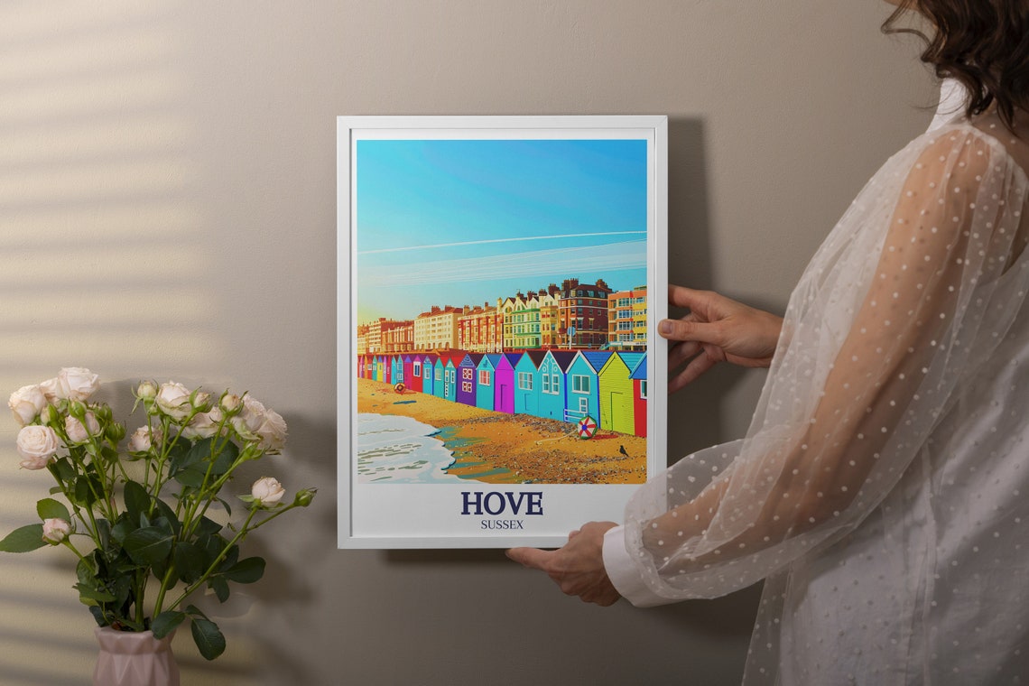 Hove Travel Print Bathing Cottages Poster English Channel Art Bathing Cottages Wall Art Hove Travel Print English Channel Decor - Image 2
