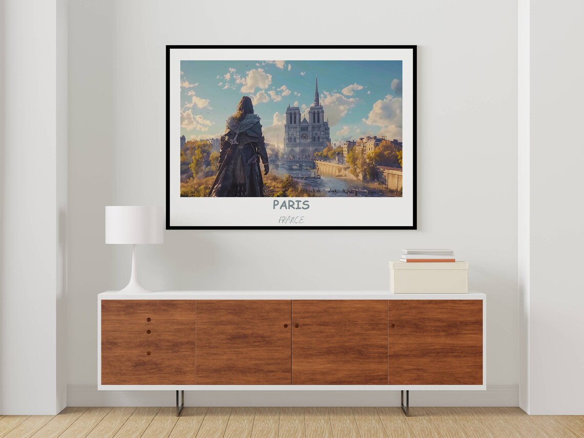 Paris Notre Dame Across the Seine Cloaked Figure Cinematic Poster - Image 4