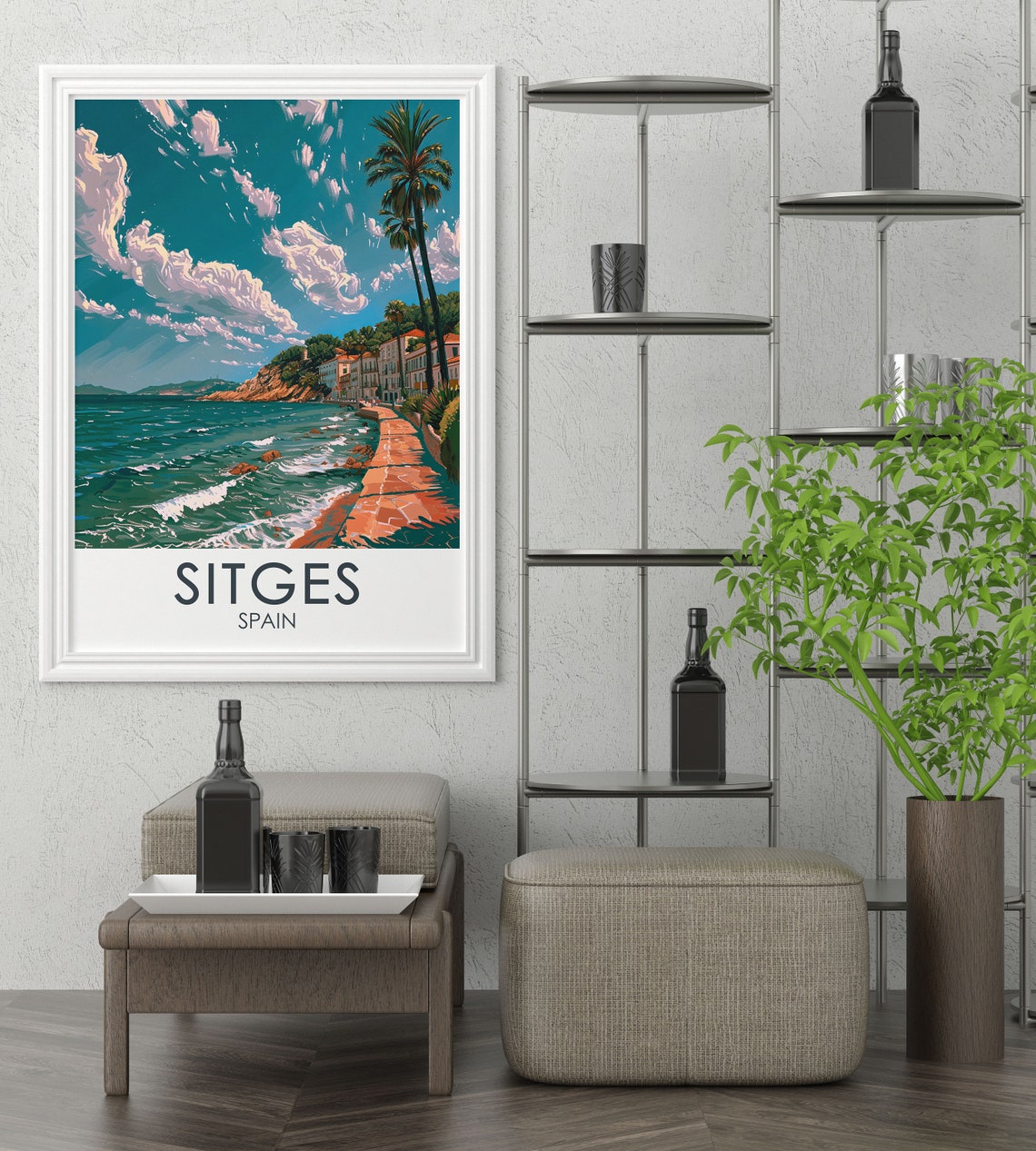 Sitges Spain Coastal Promenade Palm Trees Ocean Waves Travel Poster - Image 2
