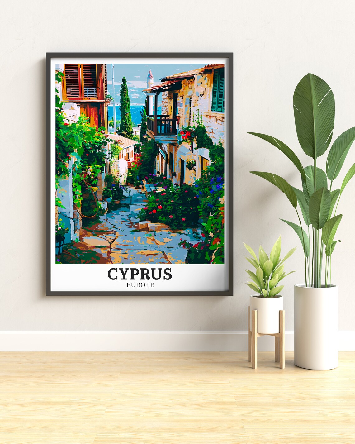 Cyprus Village Flowered Street Mediterranean Sea View Poster - Image 2