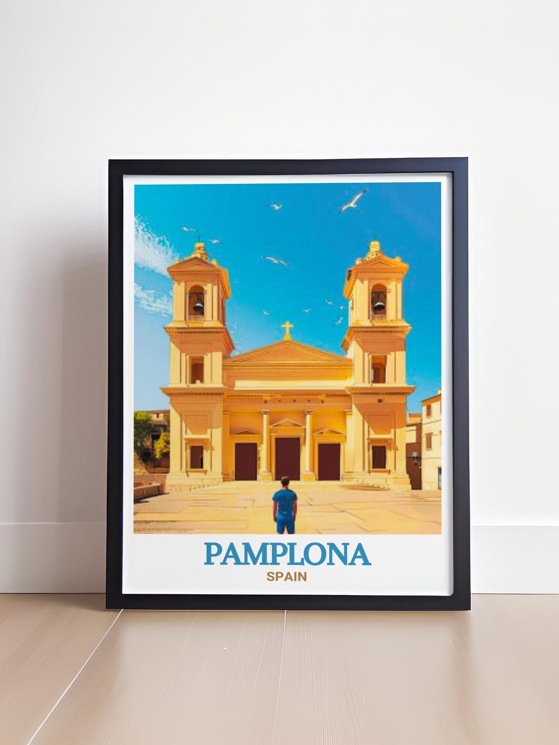 Pamplona Spain Twin-Towered Cathedral Against Blue Sky Poster - Image 3