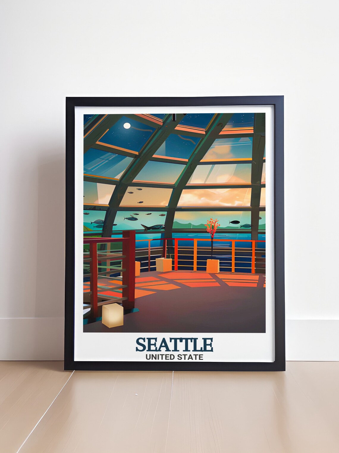 Seattle Aquarium Underwater Dome Sharks Illustration Travel Poster - Image 4