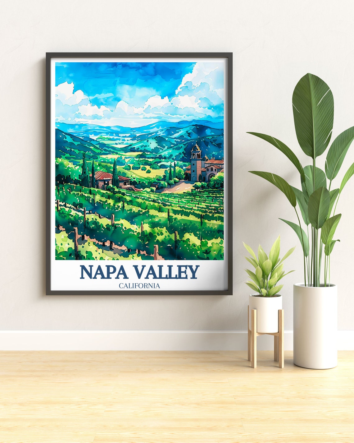 Napa Valley California Poster With Green Vineyards In Watercolor Style - Image 2