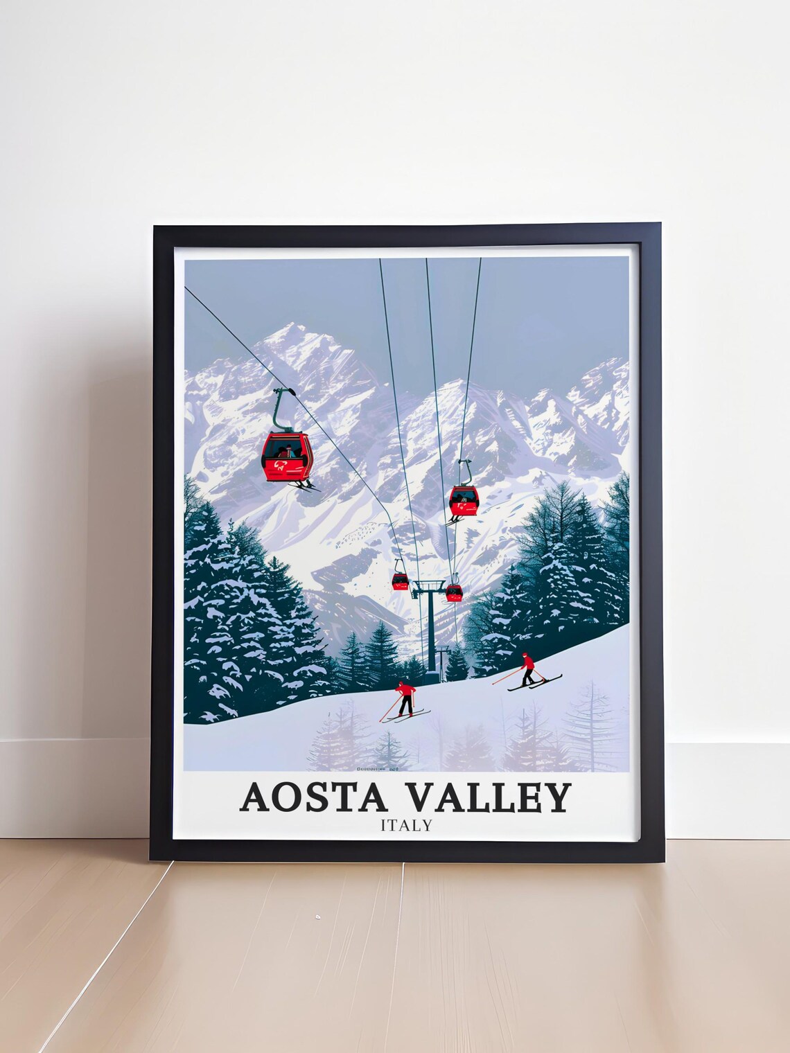 Aosta Valley Ski Resort Red Cable Cars Snowy Slopes Travel Poster - Image 4
