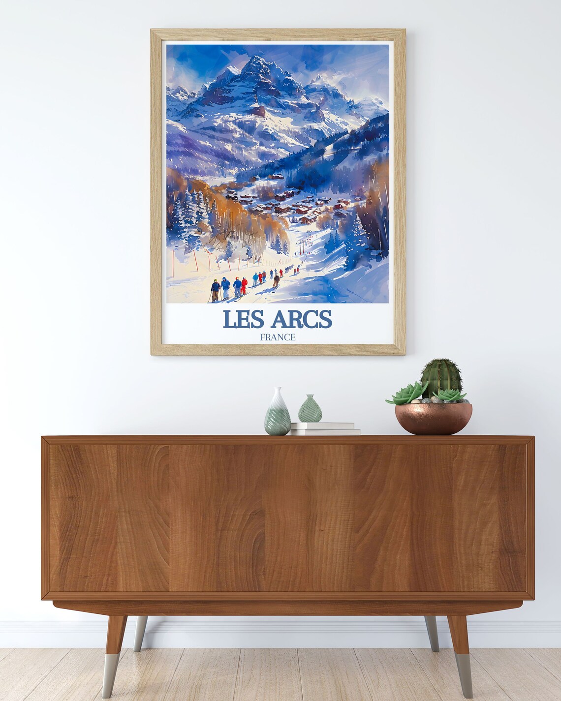 Les Arcs France Skiers Gathering Below Snowy Peaks Village Poster - Image 2