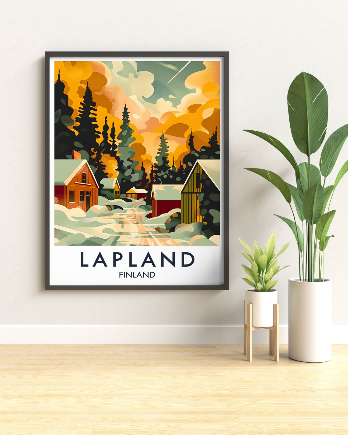 Lapland Finland Snowy Cabins Under Dramatic Golden Sky Travel Poster - Image 2