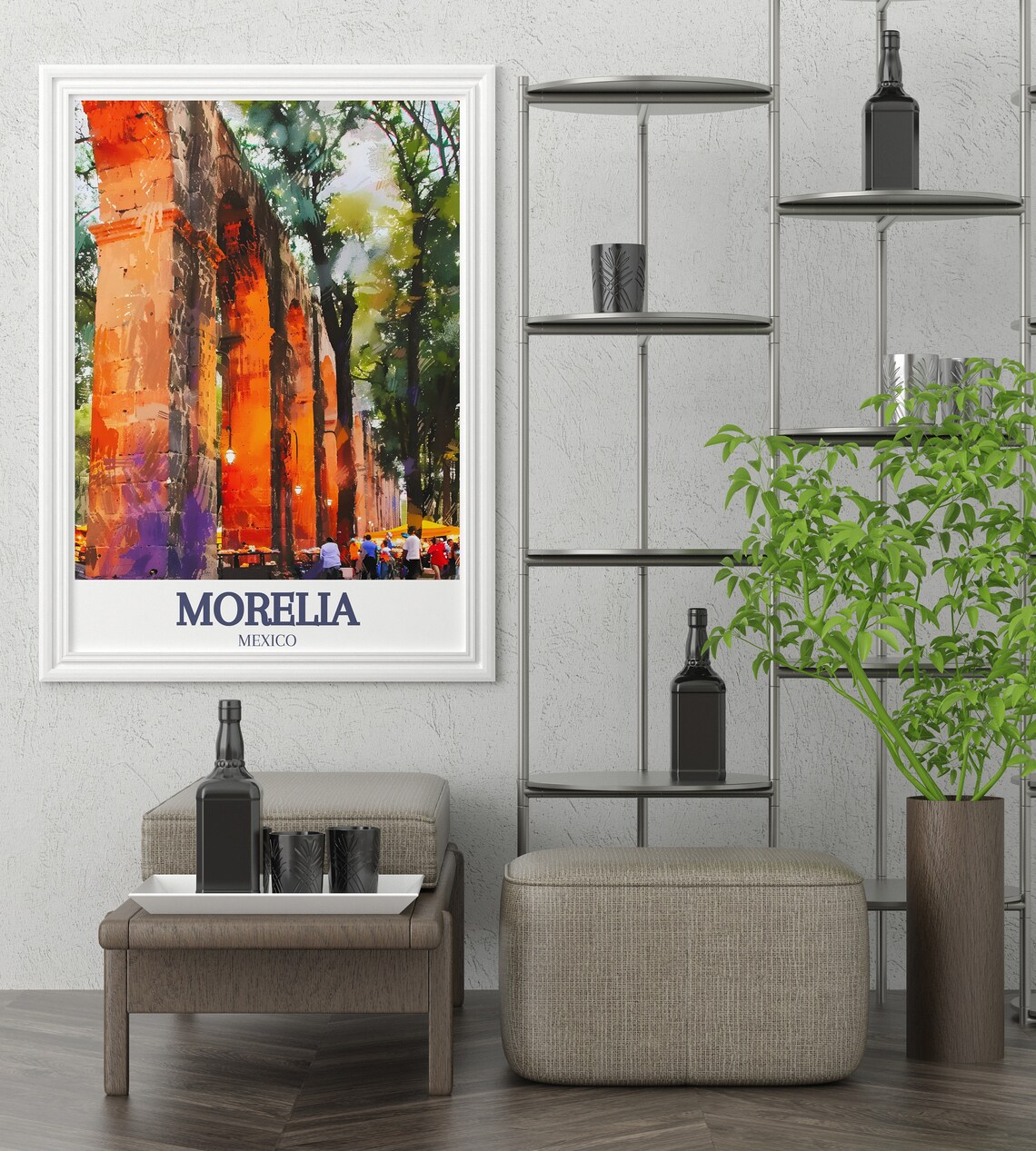 Morelia Mexico Aqueduct Stone Arches Street Market Travel Poster - Image 2
