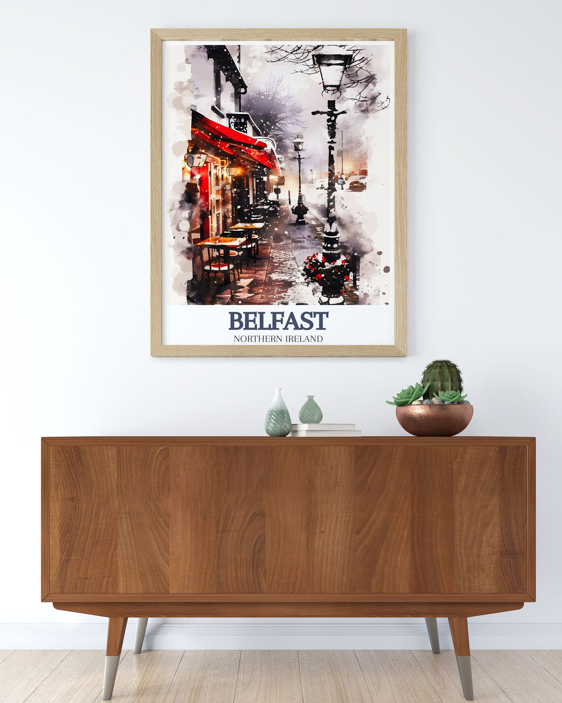 Belfast Northern Ireland Snowy Cafe Street Winter Art Poster - Image 2