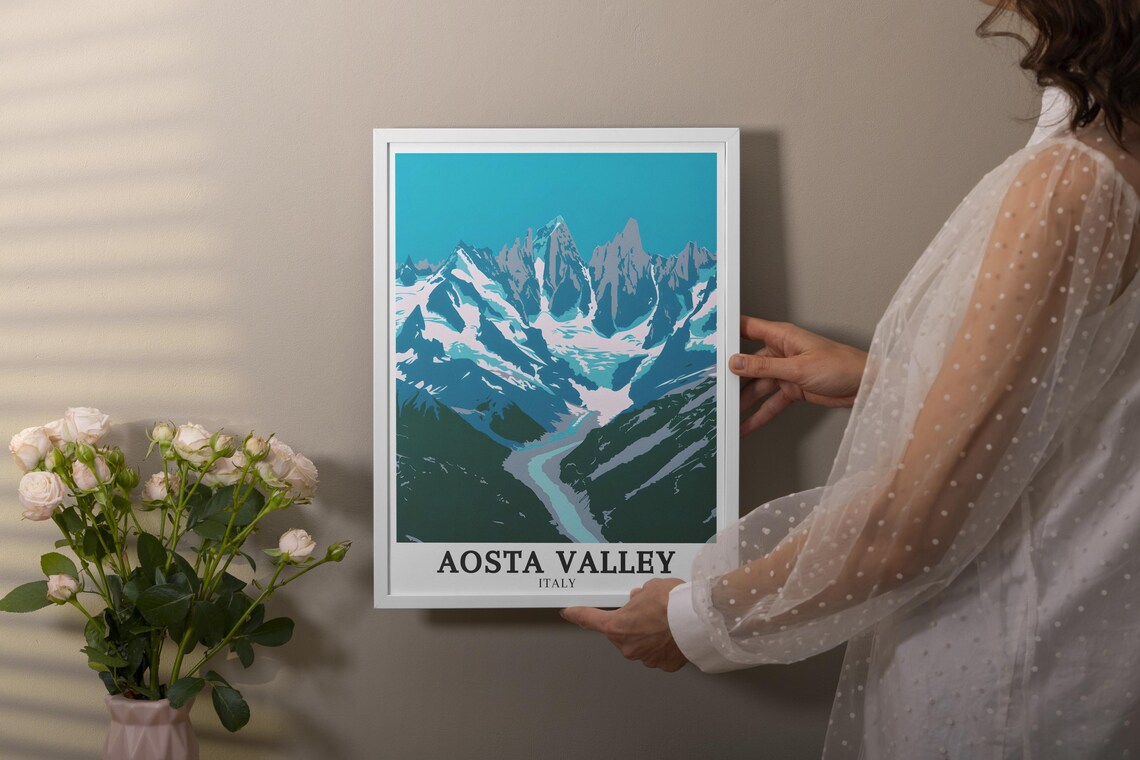 Aosta Valley Italy Snowy Alpine Peaks Turquoise Sky Travel Poster - Image 2