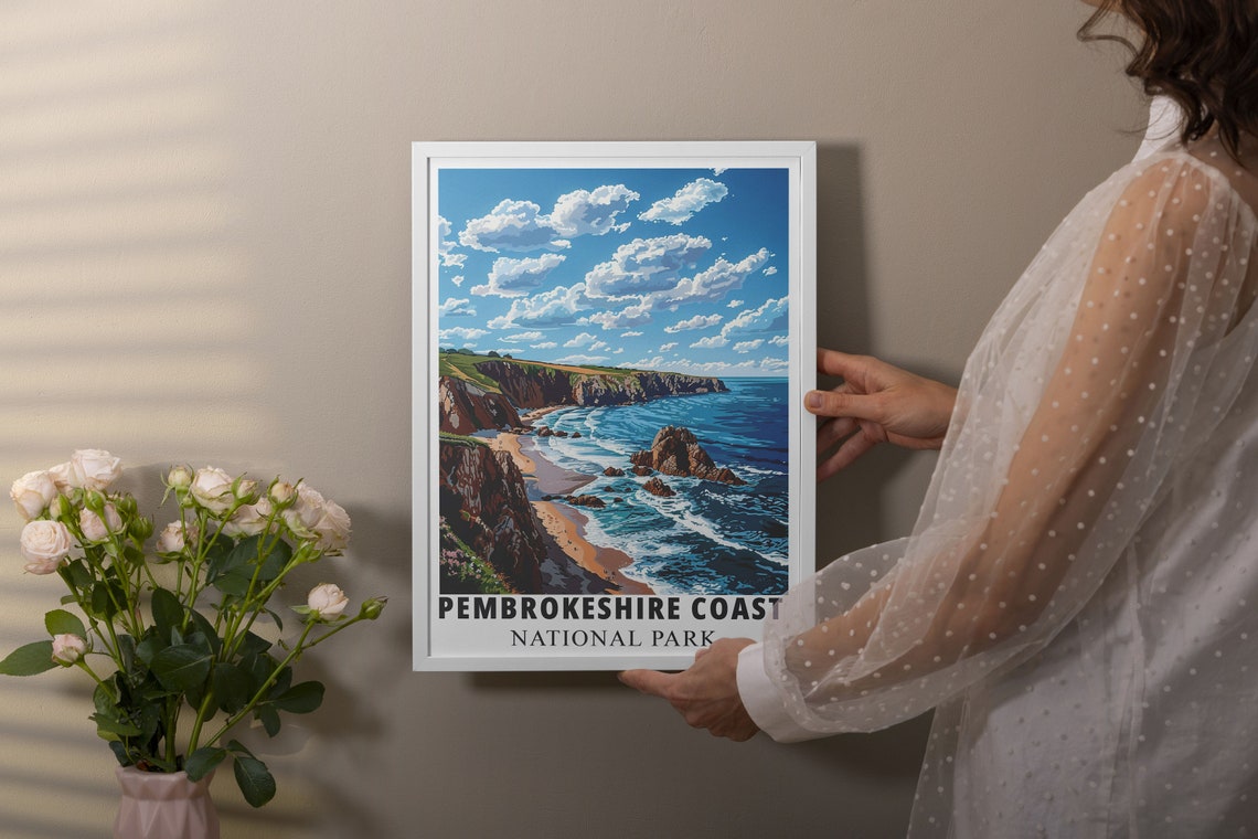 Pembrokeshire Coast Sandy Beach Rocky Cliffs Daytime Travel Poster - Image 2