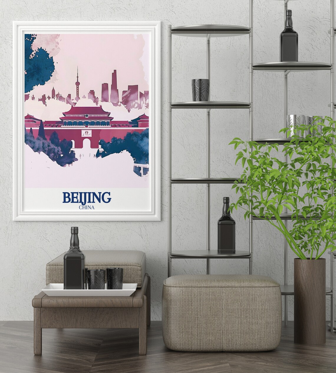 Beijing China Tiananmen Gate City Skyline Watercolor Travel Poster - Image 2