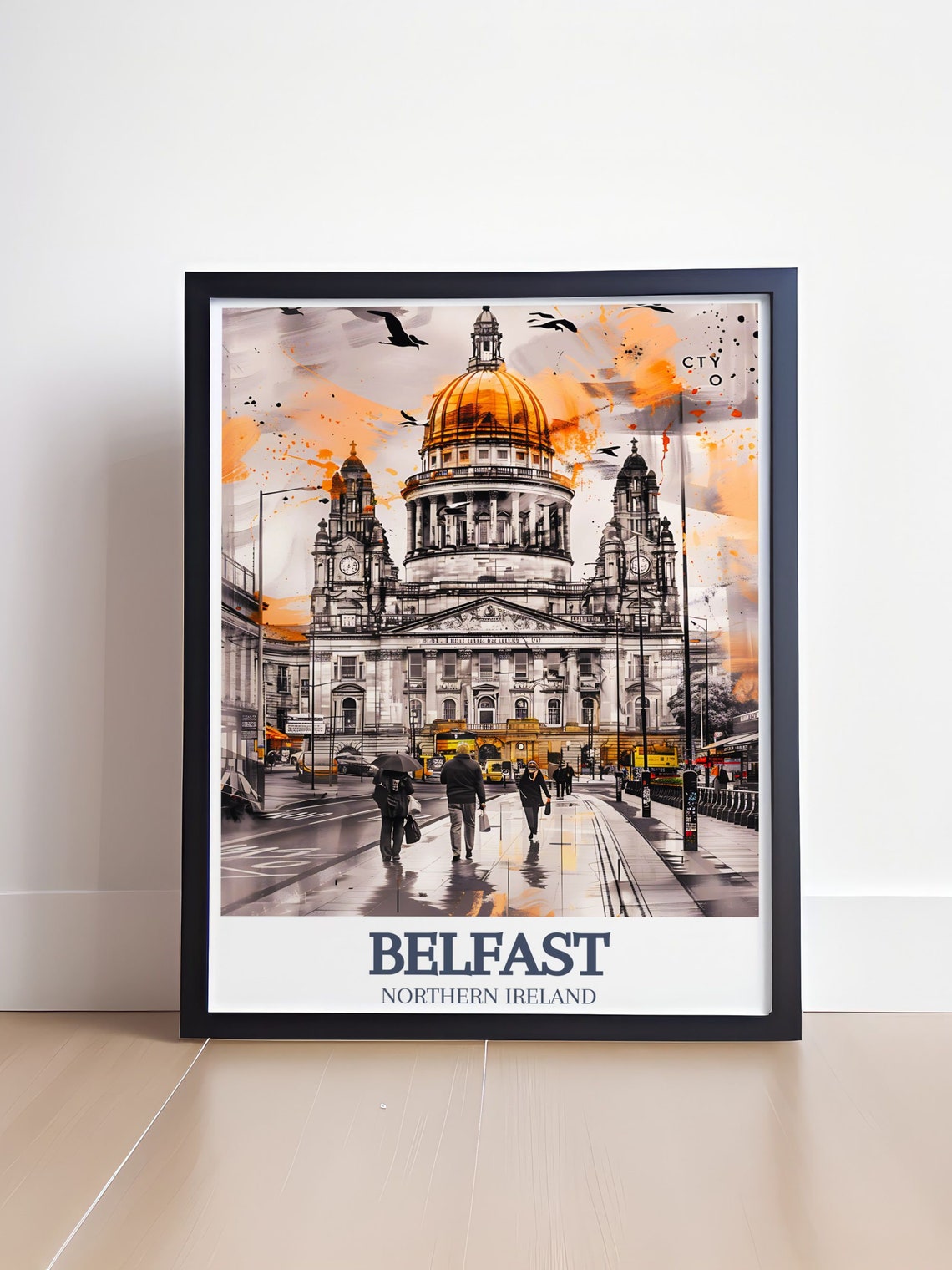 Belfast City Hall Golden Dome on a Rainy Street Scene Art Poster - Image 4
